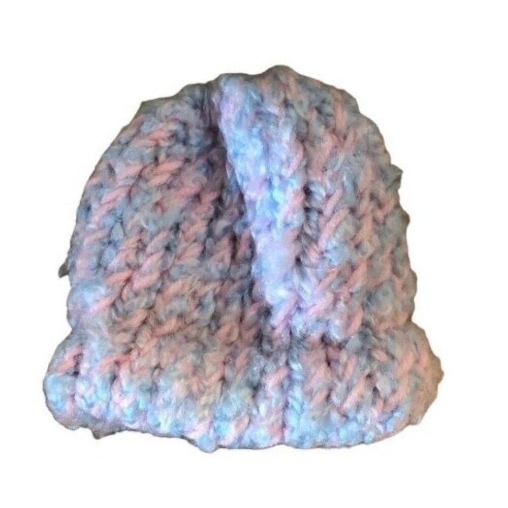 Handmade knitted pink &amp; blue baby beanie soft fuzzing 5x4.5" READ new